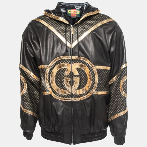 Gucci Dapper Dan Black & Gold Leather Logoed Hooded Jacket M - Gucci - Modalova