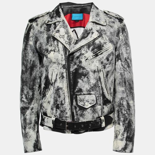 Gucci White/Black Hand Painted Leather Patch Detail Biker Jacket M - Gucci - Modalova