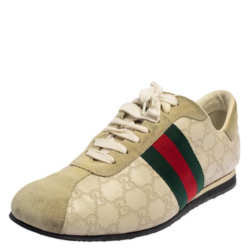 Gucci Cream Suede And Leather Web Low Top Sneakers Size 43.5 - Gucci - Modalova