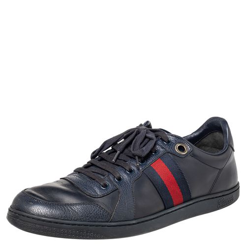 Gucci Navy Blue Leather And Canvas Web Low Top Sneakers Size 44 - Gucci - Modalova