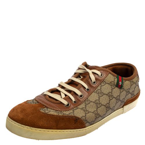 Gucci Brown Suede And GG Canvas Low Top Sneakers Size 45 - Gucci - Modalova