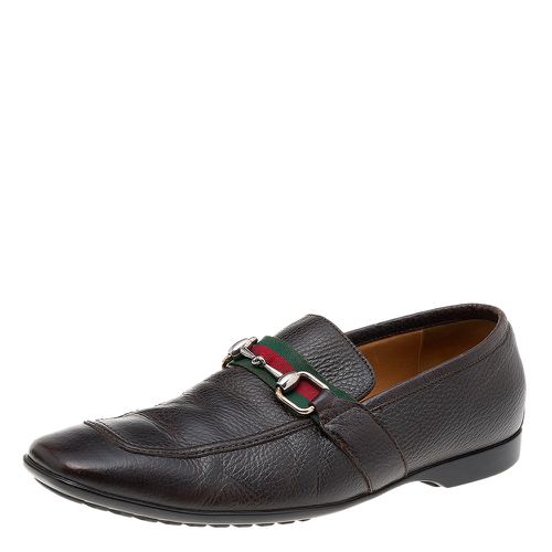 Dark Leather Horsebit Web Slip On Loafers Size 41.5 - Gucci - Modalova