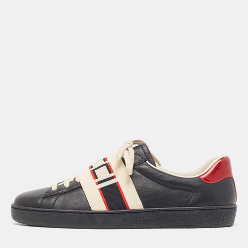 Gucci Black Leather And Stretch Band New Ace Logo Strap Low Top Sneakers Size 42.5 - Gucci - Modalova