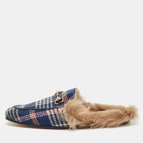 Gucci Blue Plaid Print Tweed Fur Lined Princetown Flat Mules Size 43 - Gucci - Modalova