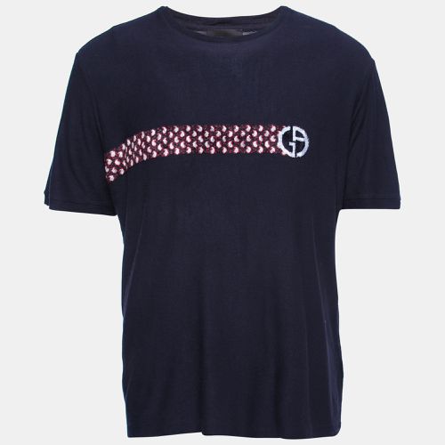 Giorgio Armani Navy Blue Flocked Logo Detail Knit T-Shirt 3XL - Giorgio Armani - Modalova