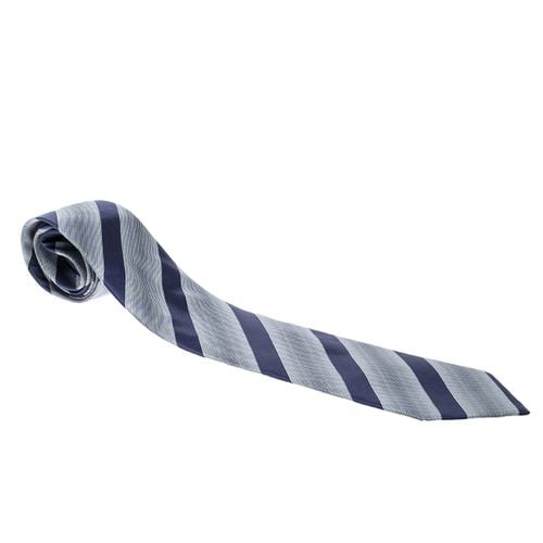 Giorgio Armani Navy Blue and Grey Diagonal Striped Traditional Silk Tie - Giorgio Armani - Modalova