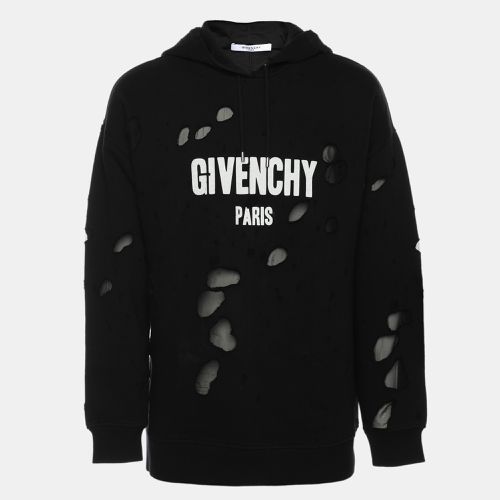 Givenchy Black Distressed Cotton & Mesh Inset Logo Printed Hooded Sweatshirt S - Givenchy - Modalova