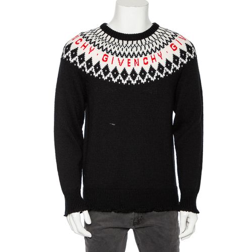 Givenchy Black Fair Isle Logo Knit Wool Frayed Edged Sweater M - Givenchy - Modalova