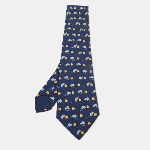 Hermès Navy Blue Mouse and Cheese Print Silk Classic Tie - Hermes - Modalova