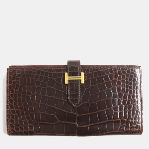 Hermes Bearn Souffle Crocodile Leather Wallet Brown Leather - Hermes - Modalova