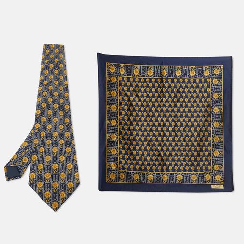 Lanvin Navy Blue Floral Print Satin Silk Pocket Square and Tie - Lanvin - Modalova