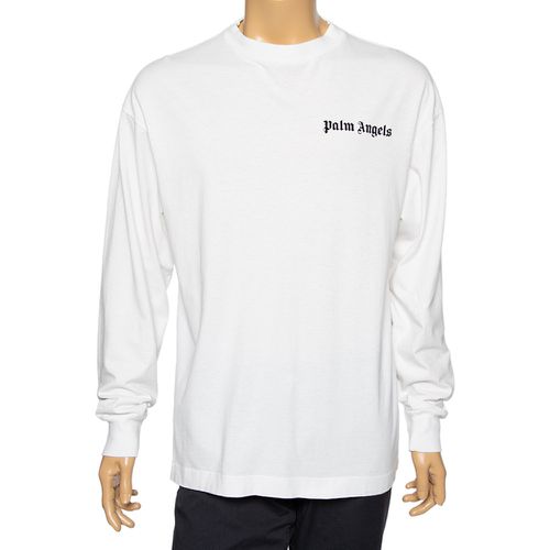 Palm Angels White Cotton Logo Printed Detail Long Sleeve Crewneck T-Shirt L - Palm Angels - Modalova