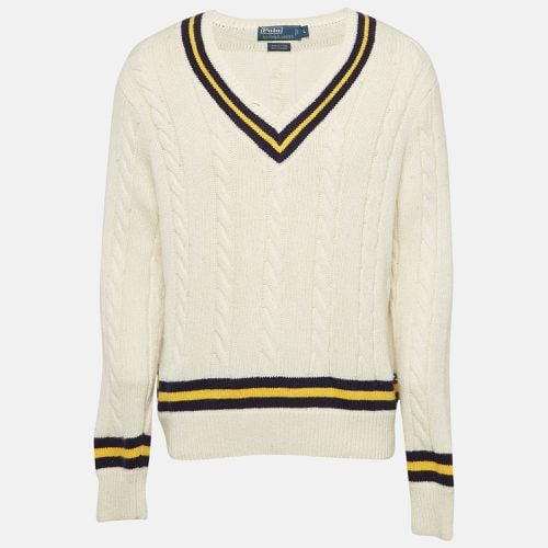 Polo Ralph Lauren Off-White Varsity Cricket Striped Cable Knit Sweater L - Polo Ralph Lauren - Modalova