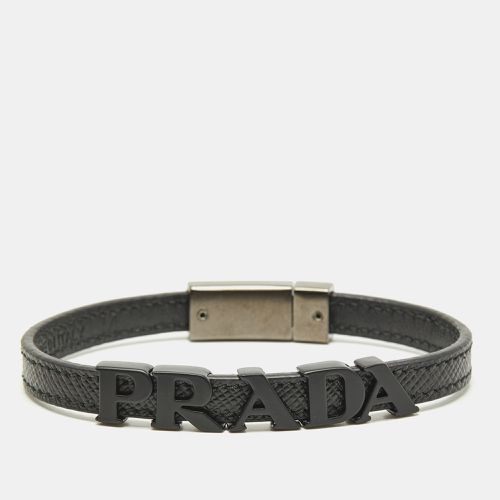 Prada Logo Black Coated and Gunmetal Tone Leather Bracelet - Prada - Modalova