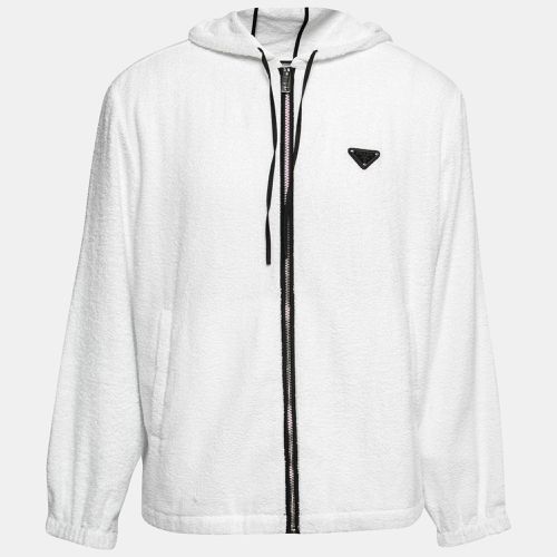 Prada White Terry Cloth Enameled Metal Logo Hoodie Jacket L - Prada - Modalova