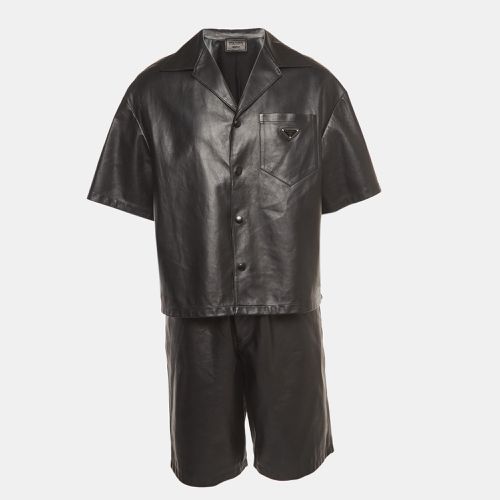 Prada Black Nappa Leather Metal Logo Embellished Shorts and Shirt Set M - Prada - Modalova