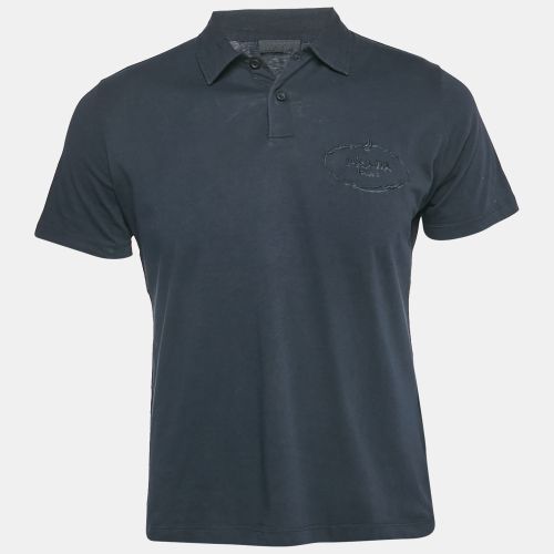 Prada Navy Blue Logo Embroidered Cotton Polo T-Shirt M - Prada - Modalova