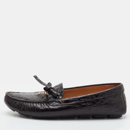 Size 37 Dark Croc Embossed Leather Bow Slip On Loafers - Prada - Modalova