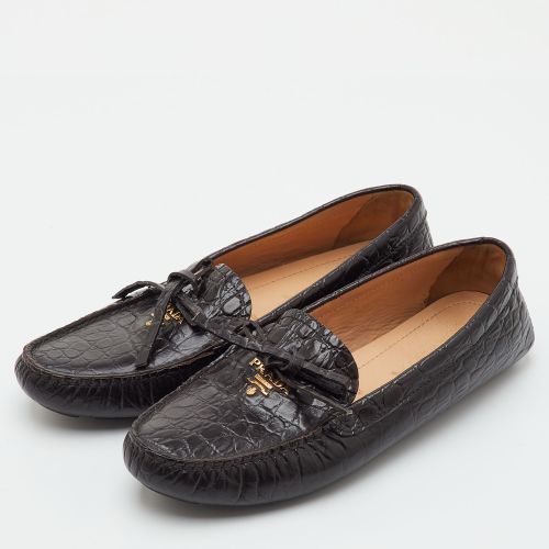 Size 37 Dark Croc Embossed Leather Bow Slip On Loafers - Prada - Modalova