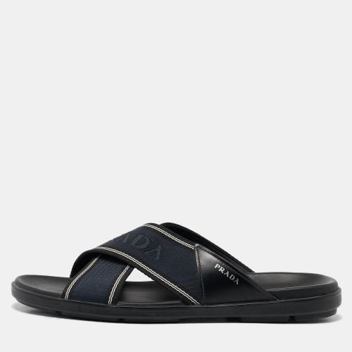 Prada Blue Leather and Canvas Logo Tape Crisscross Slides Size 43 - Prada - Modalova