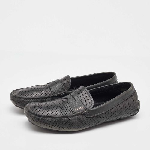 Dark Perforated Leather Slip On Loafers Size 43.5 - Prada - Modalova