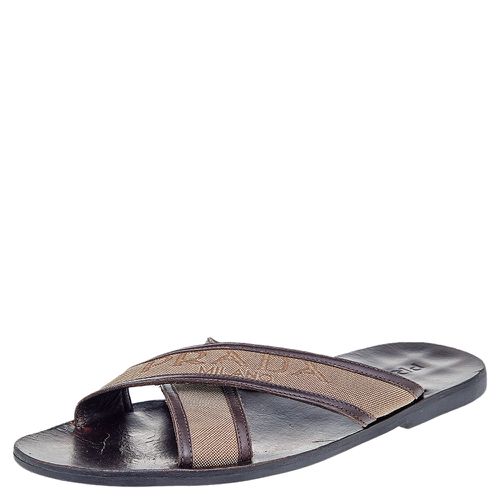 Prada Dark Brown/Beige Leather And Canvas Criss Cross Flat Slide Sandals Size 44 - Prada - Modalova