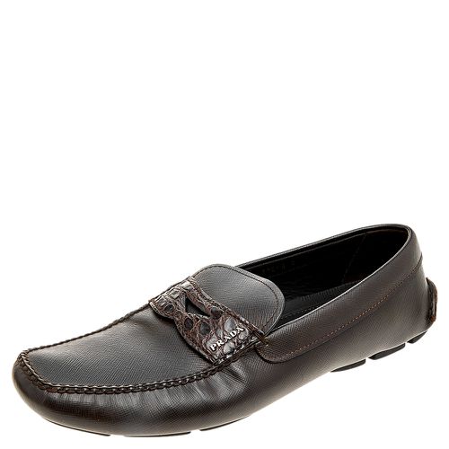 Prada Brown Saffiano Leather And Crocodile Leather Penny Slip On Loafers Size 44 - Prada - Modalova