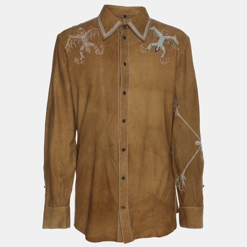 Roberto Cavalli Brown Embroidered Suede Button Front Shirt M - Roberto Cavalli - Modalova