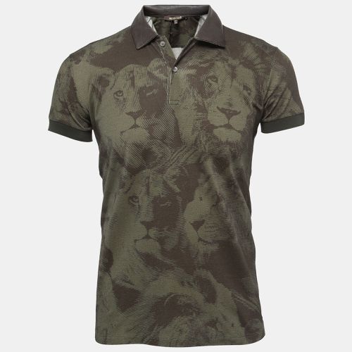 Roberto Cavalli Military Green Lion Print Cotton Leather Trimmed Polo T-Shirt S - Roberto Cavalli - Modalova