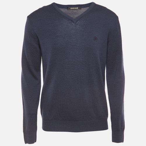 Roberto Cavalli Navy Blue Wool Knit V-Neck Sweatshirt XL - Roberto Cavalli - Modalova