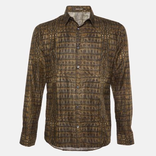 Roberto Cavalli Olive Brown Leather Print Cotton & Silk Long Sleeve Shirt L - Roberto Cavalli - Modalova