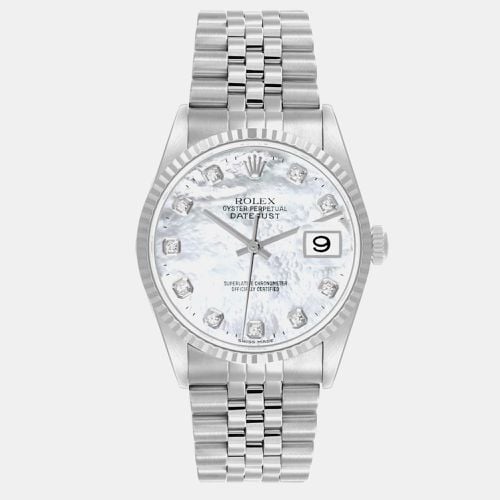 Rolex Datejust Steel White Gold Mother of Pearl Diamond Dial Mens Watch 16234 - Rolex - Modalova