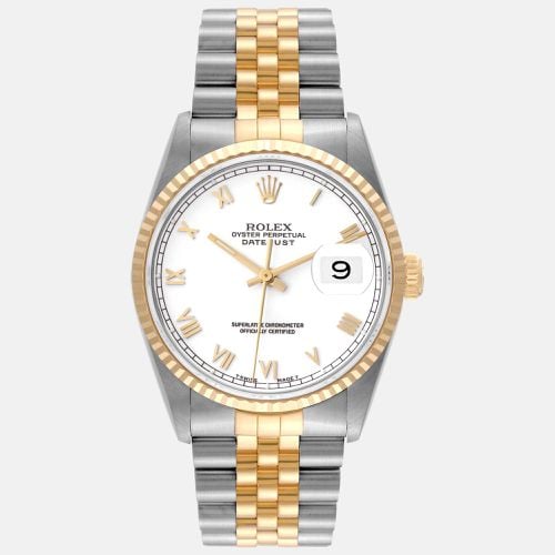 Rolex Datejust White Roman Dial Steel Yellow Gold Mens Watch 16233 - Rolex - Modalova