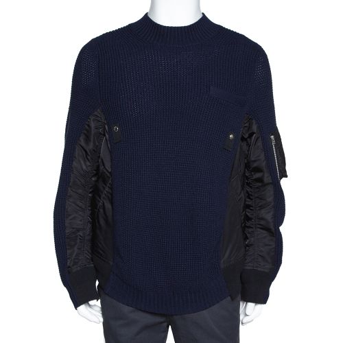 Sacai Navy Blue Rib Knit Wool Paneled Pullover M - Sacai - Modalova