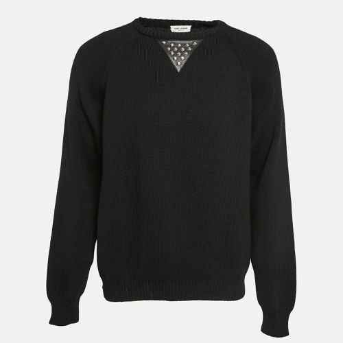 Saint Laurent Paris Black Studded Leather Trim Rib Knit Sweater XXL - Saint Laurent Paris - Modalova