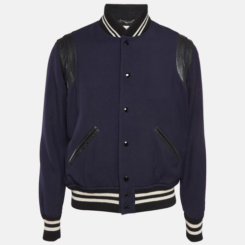 Saint Laurent Blue/Black Leather Trim Wool Bomber Jacket L - Saint Laurent Paris - Modalova