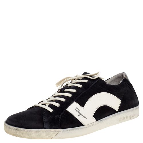 Salvatore Ferragamo Black/White Leather and Suede Low Top Sneakers Size 45 - Salvatore Ferragamo - Modalova