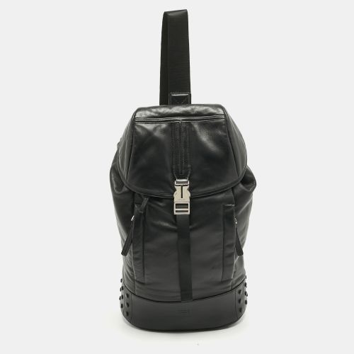 Tod's Black Leather Drawstring Flap Backpack - Tod's - Modalova