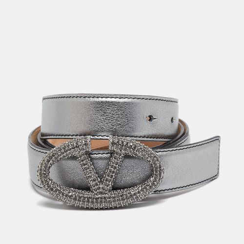 Valentino Metallic Leather Crystals Embellished Vlogo Buckle Belt 90CM - Valentino - Modalova