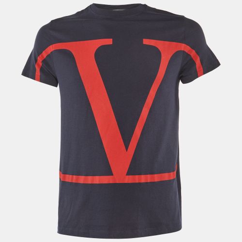 Valentino Navy Blue V Logo Cotton Crew Neck T-Shirt S - Valentino - Modalova