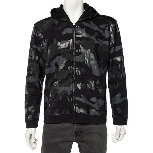 Valentino Black Camouflage Print Cotton Zip Up Hooded Sweatshirt L - Valentino - Modalova