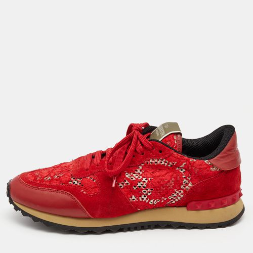 Valentino Red Lace and Suede Rockrunner Low Top Sneakers Size 40 - Valentino - Modalova