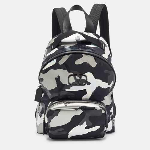 Valentino Black/Metallic Camouflage Fabric and Leather VLogo Backpack - Valentino - Modalova