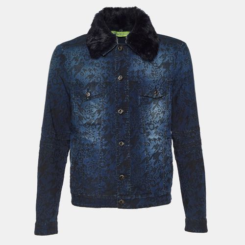 Versace Jeans Blue Jacquard Denim Detachable Fur Collar Jacket XL - Versace Jeans - Modalova