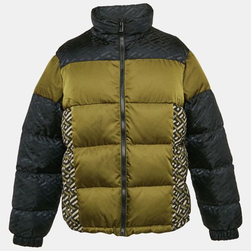 Versace Black/Khaki Logo Print Nylon Colorblock Puffer Coat S - Versace - Modalova