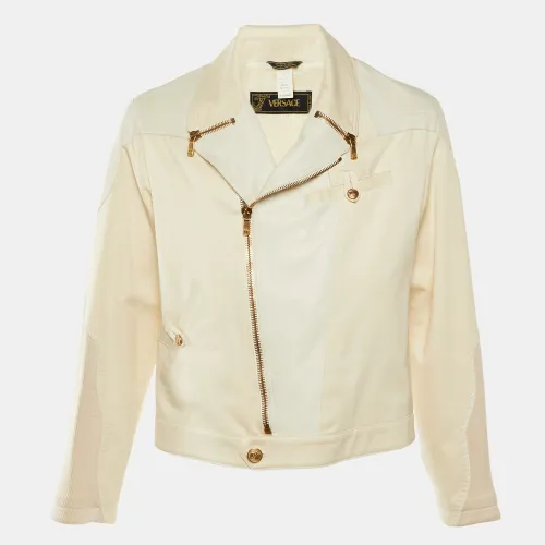 Versace Vintage Cream Leather & Cotton Zip Up Jacket XL - Versace - Modalova