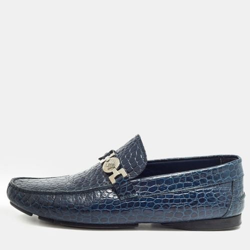 Versace Navy Blue Embossed Croc Medusa Buckle Loafers Size 42 - Versace - Modalova