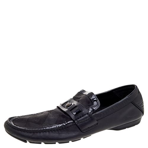 Versace Black Patent Leather And Signature Canvas Medusa Detail Slip On Loafers Size 44 - Versace - Modalova