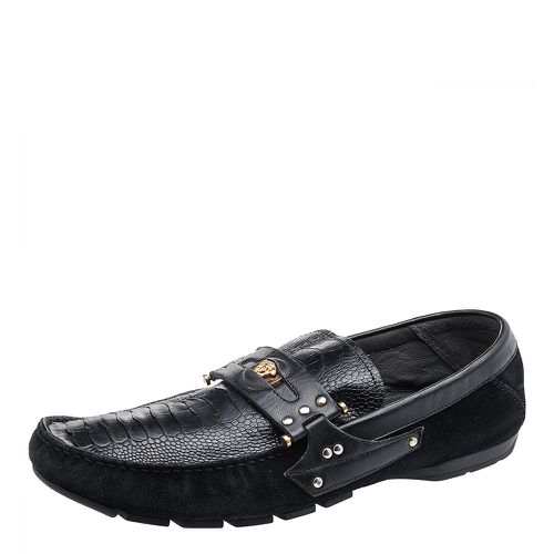 Versace Black Suede And Crocodile Leather Medusa Slip On Loafers Size 44 - Versace - Modalova