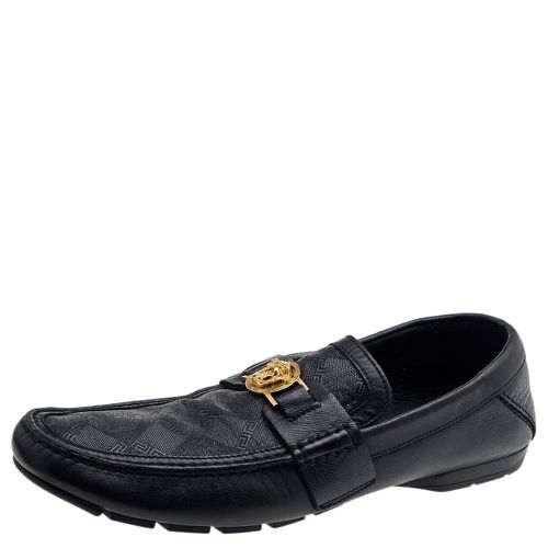 Versace Black Leather And Monogram Fabric Medusa Slip On Loafers Size 44 - Versace - Modalova